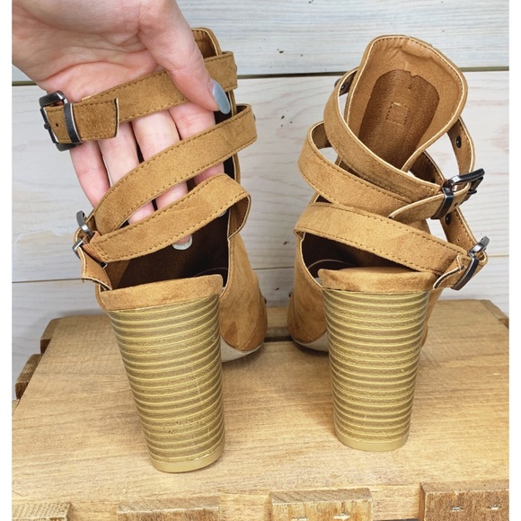 Faux Brown Suede Open Toe Bootie with Studs - Picture 2 of 5